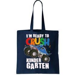 funny im ready to crush kindergarten shark monster truck tote bag