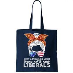 just a regular mom trying not to raise liberals hipster mom tote bag