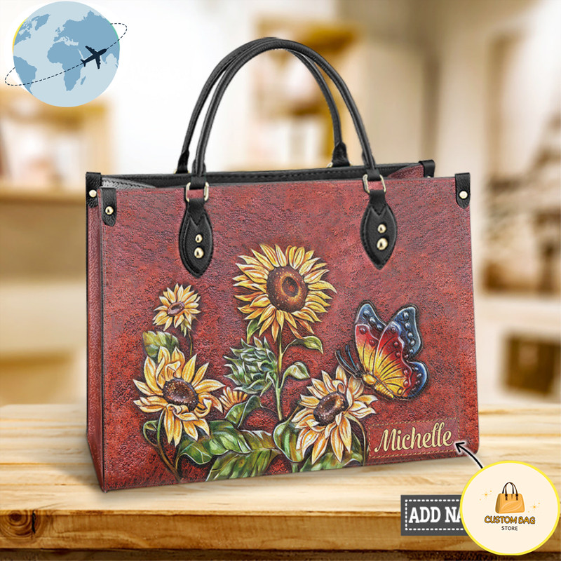 Butterfly Sunflower Gorgeous Personalized Leather Bag.jpg