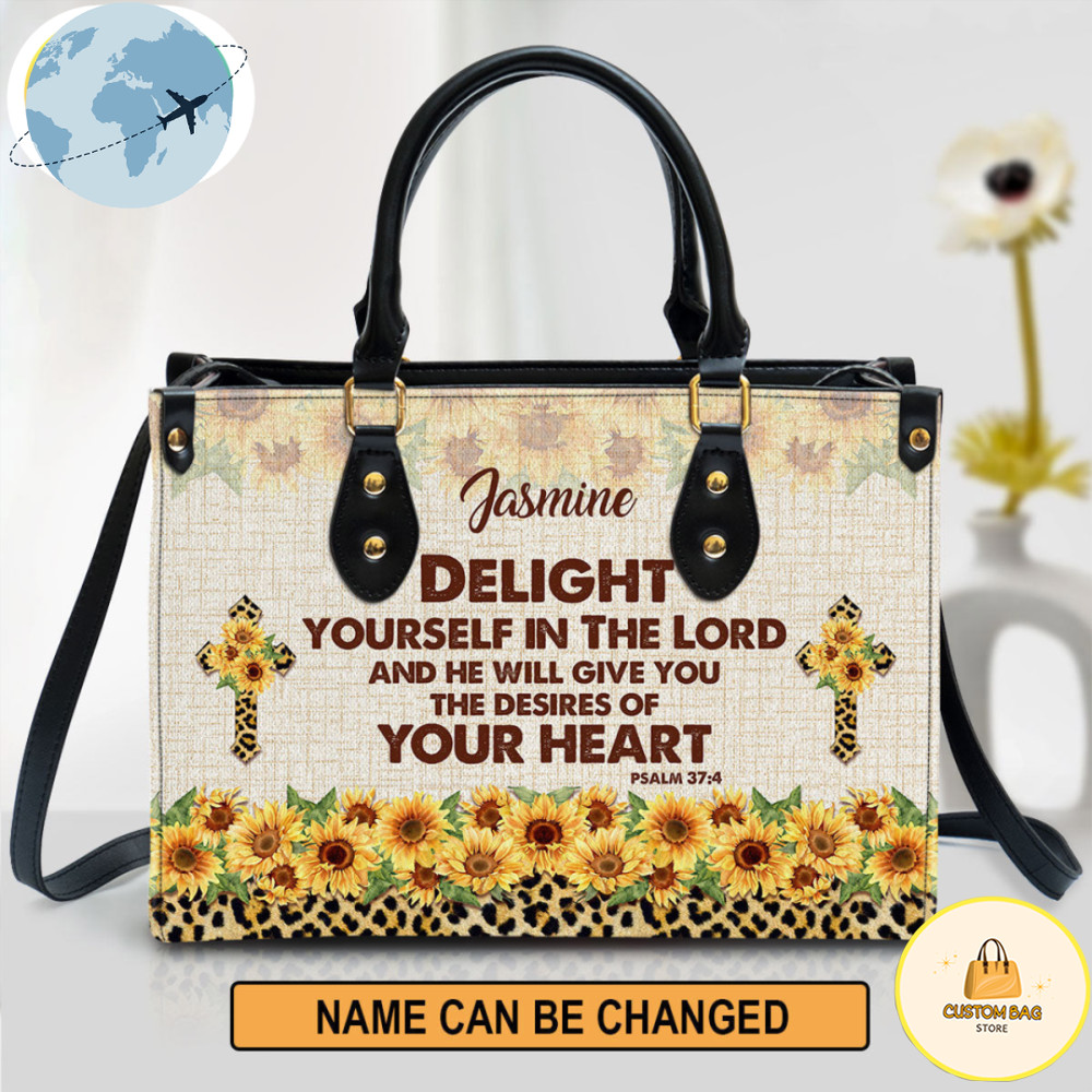 Delight Yourself In The Lord Psalm 37 4 Sunflower And Cross Personalized Leather Bag.jpg