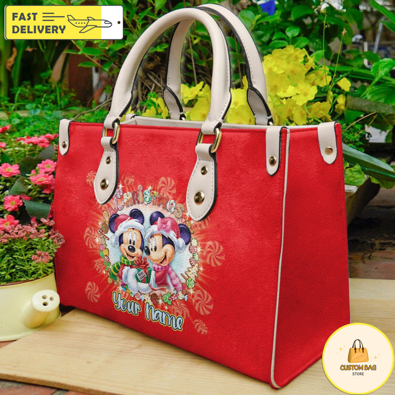 Christmas Mickey and Minnie Handbag, Custom Leather Handbag, Christmas Mickey Women Bag.jpg
