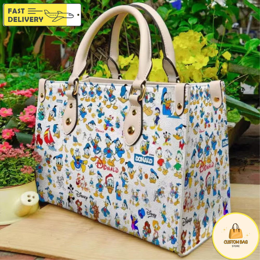 Donald Duck Leather Bag hand bag, Custom Donald Duck Woman Handbag, Donald Duck Lover Handbag.jpg