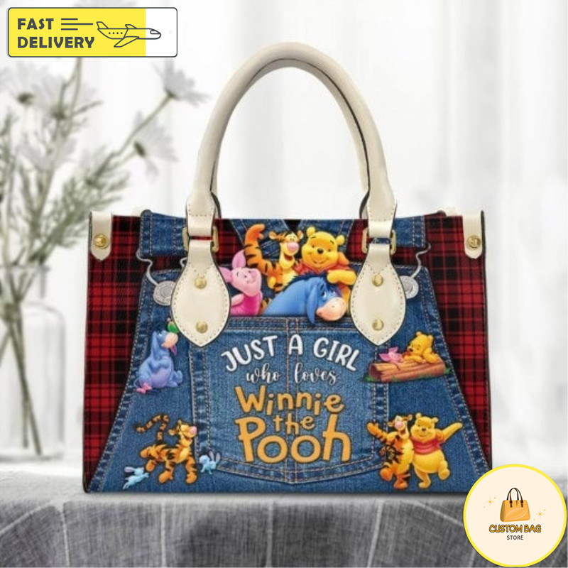 Just A Girl Loves Winnie the Pooh Red Gingham Jean Leather Handbag,Eeyore Lovers HandBag,Pooh Women Bags.jpg