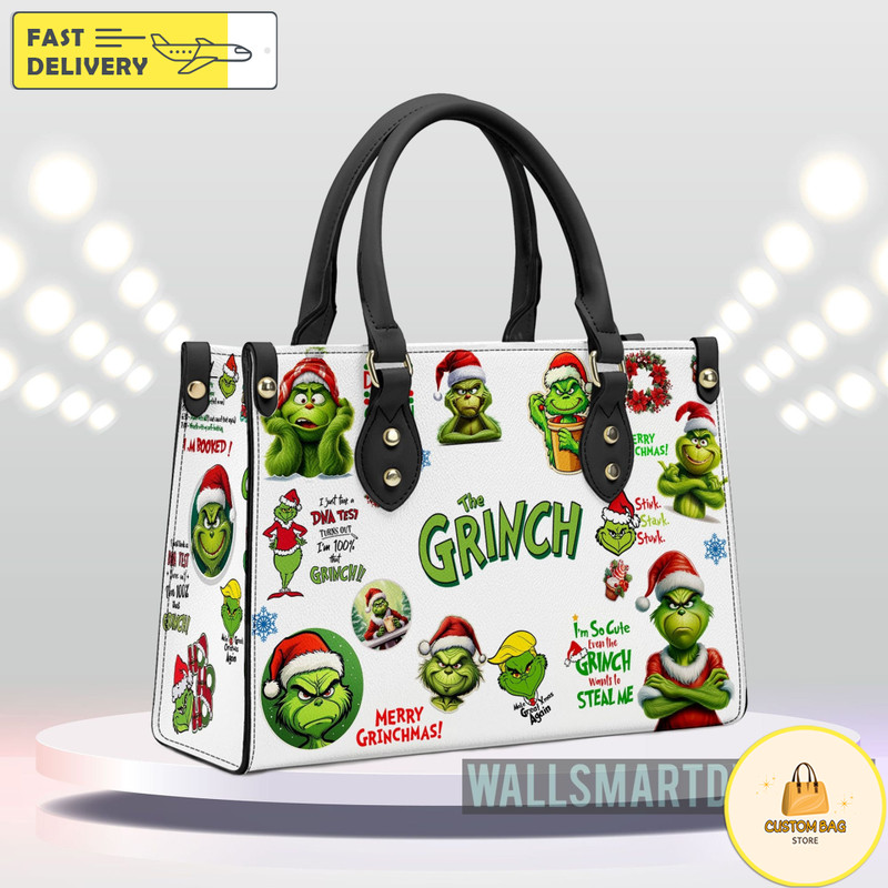 Personalized Christmas Grinch Stickers Handbag, Anniversary Grinch Handbag, Disney Leatherr Handbag.jpg