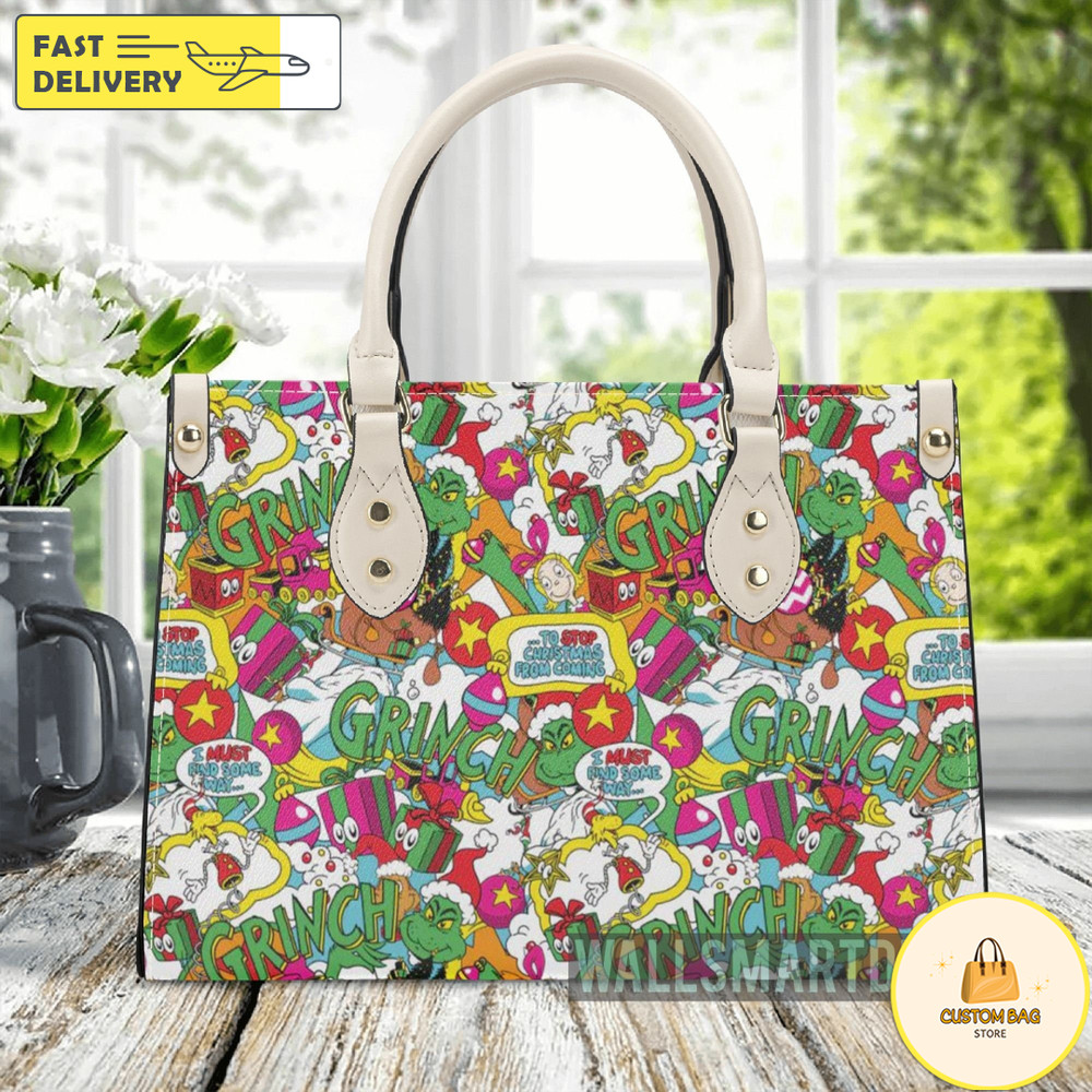 Personalized Grinch Christmas Art Collection Handbag, The Grinch Handbag, Grinch Leatherr Handbag.jpg