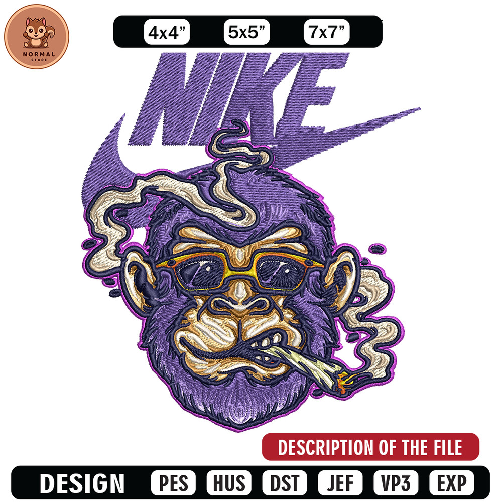 Monkey head smoking Nike Embroidery design, Monkey Embroidery, Nike design, Embroidery file, Instant download..jpg