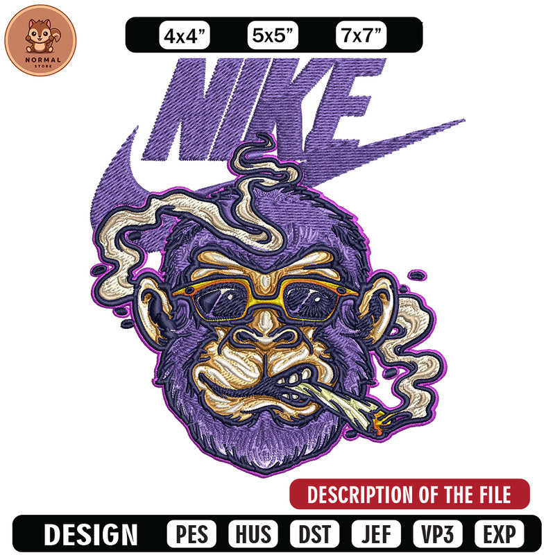 Monkey head smoking Nike Embroidery design, Monkey Embroidery, Nike design, Embroidery file, Instant download..jpg