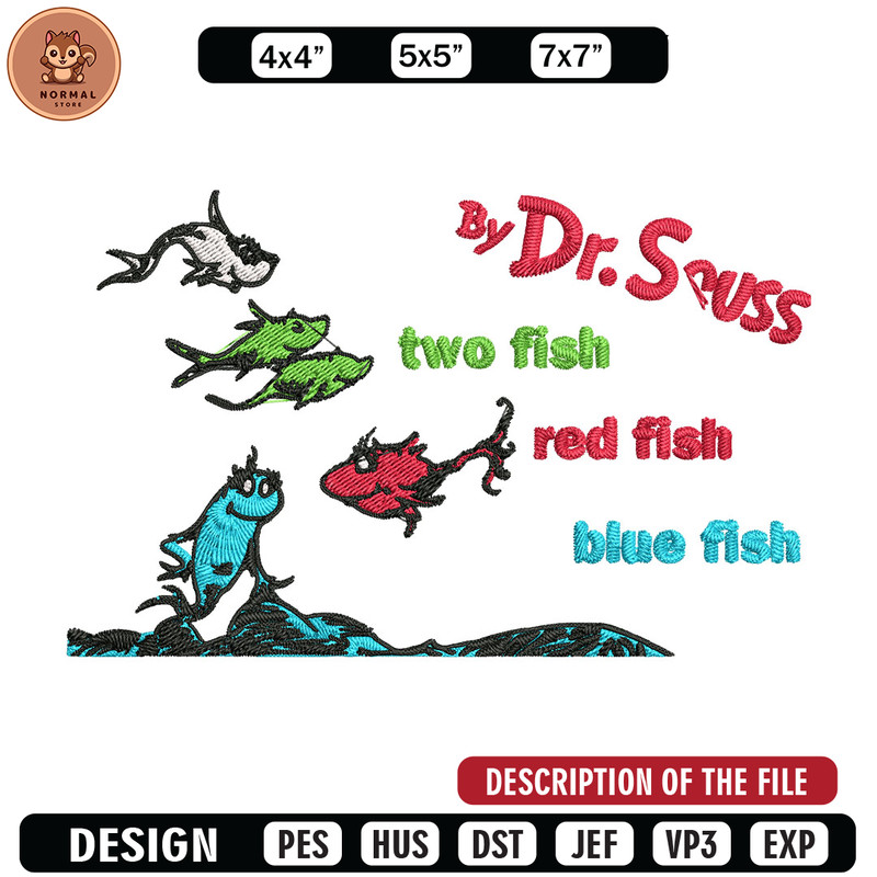 One fish two fish, blue fish red fish Embroidery Design, Dr seuss Embroidery, Embroidery File, Digital download.jpg
