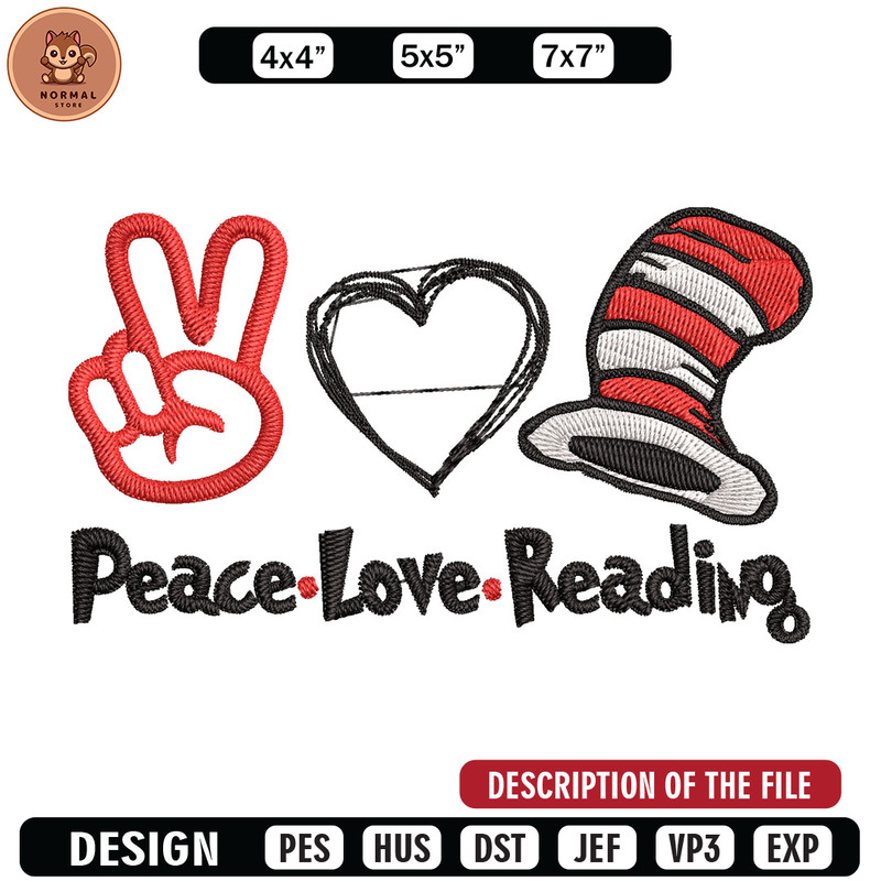 Peace Love Reading Embroidery Design, Embroidery File, logo Embroidery, logo shirt, Embroidery design, Digital download..jpg