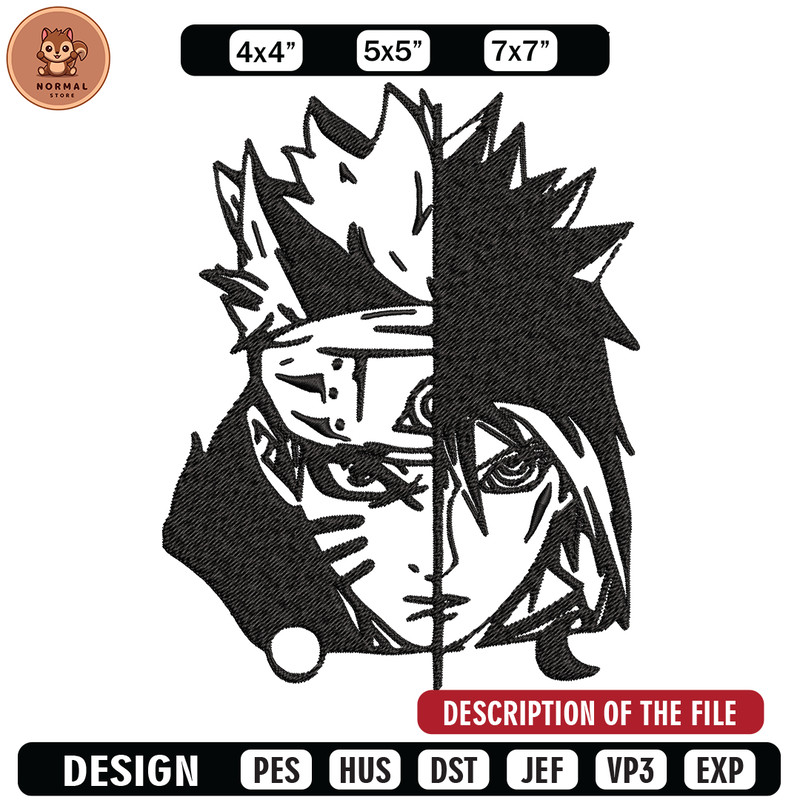 Sasuke and Naruto black and white Embroidery design, Naruto Embroidery, anime design, Embroidery File, Instant download..jpg
