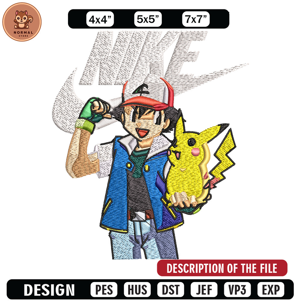 Satoshi and pikachu Nike Embroidery design, Pokemon Nike Embroidery, Nike design, Embroidery file, Instant download..jpg