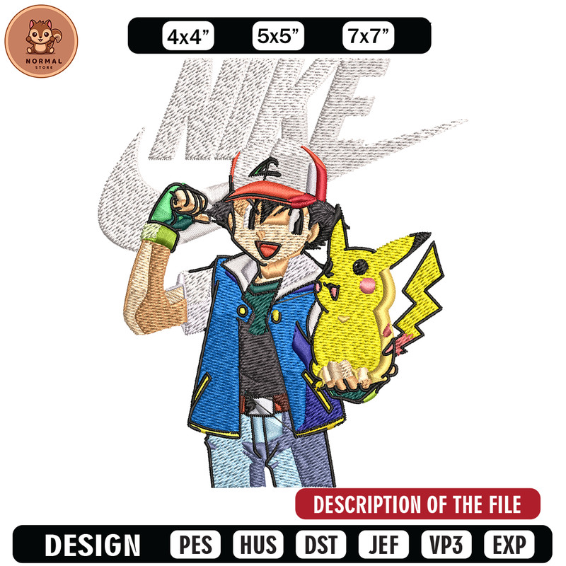 Satoshi and pikachu Nike Embroidery design, Pokemon Nike Embroidery, Nike design, Embroidery file, Instant download..jpg