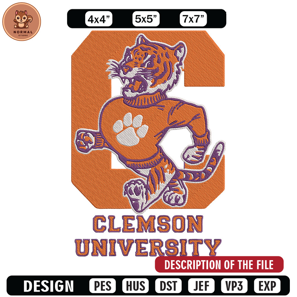 Clemson University logo embroidery design, College embroidery, Sport embroidery, logo sport embroidery,Embroidery design.jpg