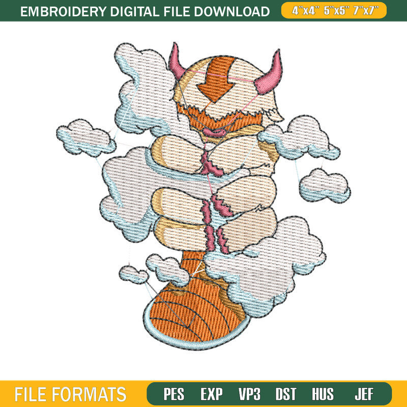 Appa with clouds embroidery design, Avatar embroidery, embroidery file, cartoon design, cartoon shirt, Digital download.jpg