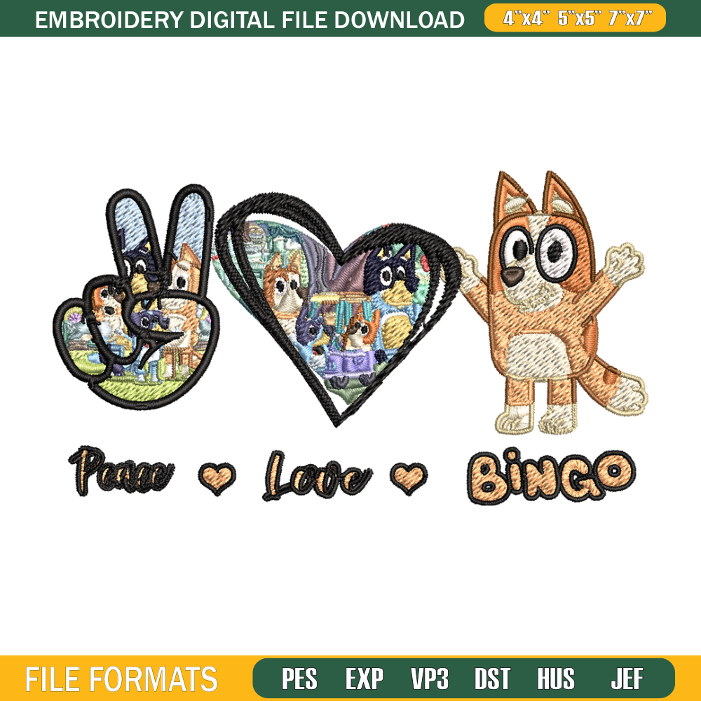 Bluey Peace Love bandit Embroidery design, Bluey cartoon Embroidery, cartoon design, Embroidery File, Digital download 1.jpg