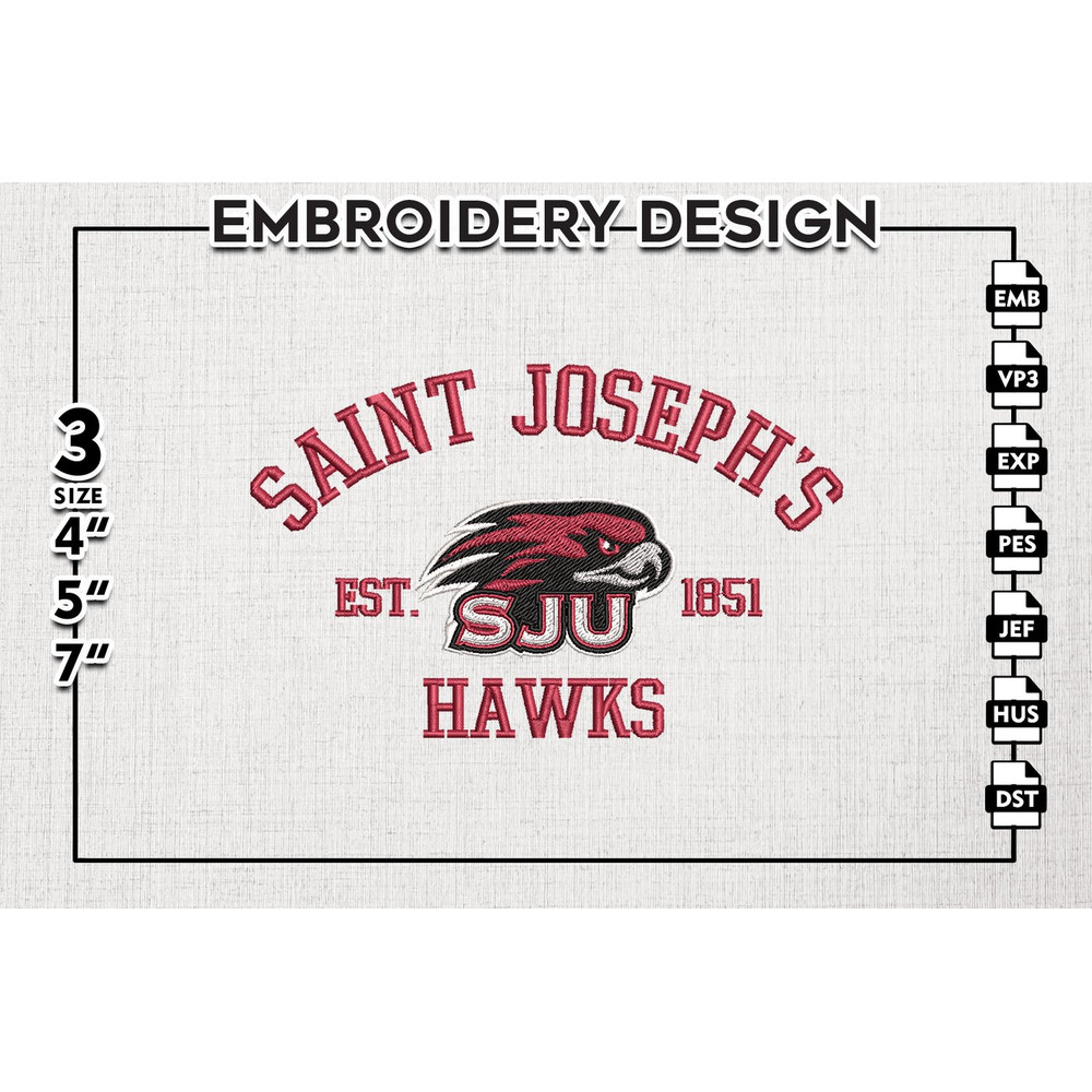 Saint Josephs Hawks Est Logo Embroidery Designs, NCAA Saint Josephs Hawks Team Embroidery, NCAA Team Logo, 3 sizes, Machine embroidery Files, Digital Download.p