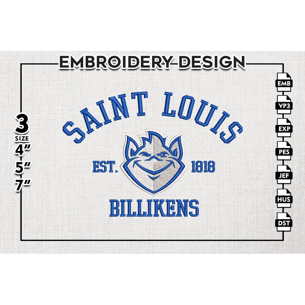 Saint Louis Billikens Est Logo Embroidery Designs, NCAA Saint Louis Billikens Team Embroidery, NCAA Team Logo, 3 sizes, Machine embroidery Files, Digital Downlo
