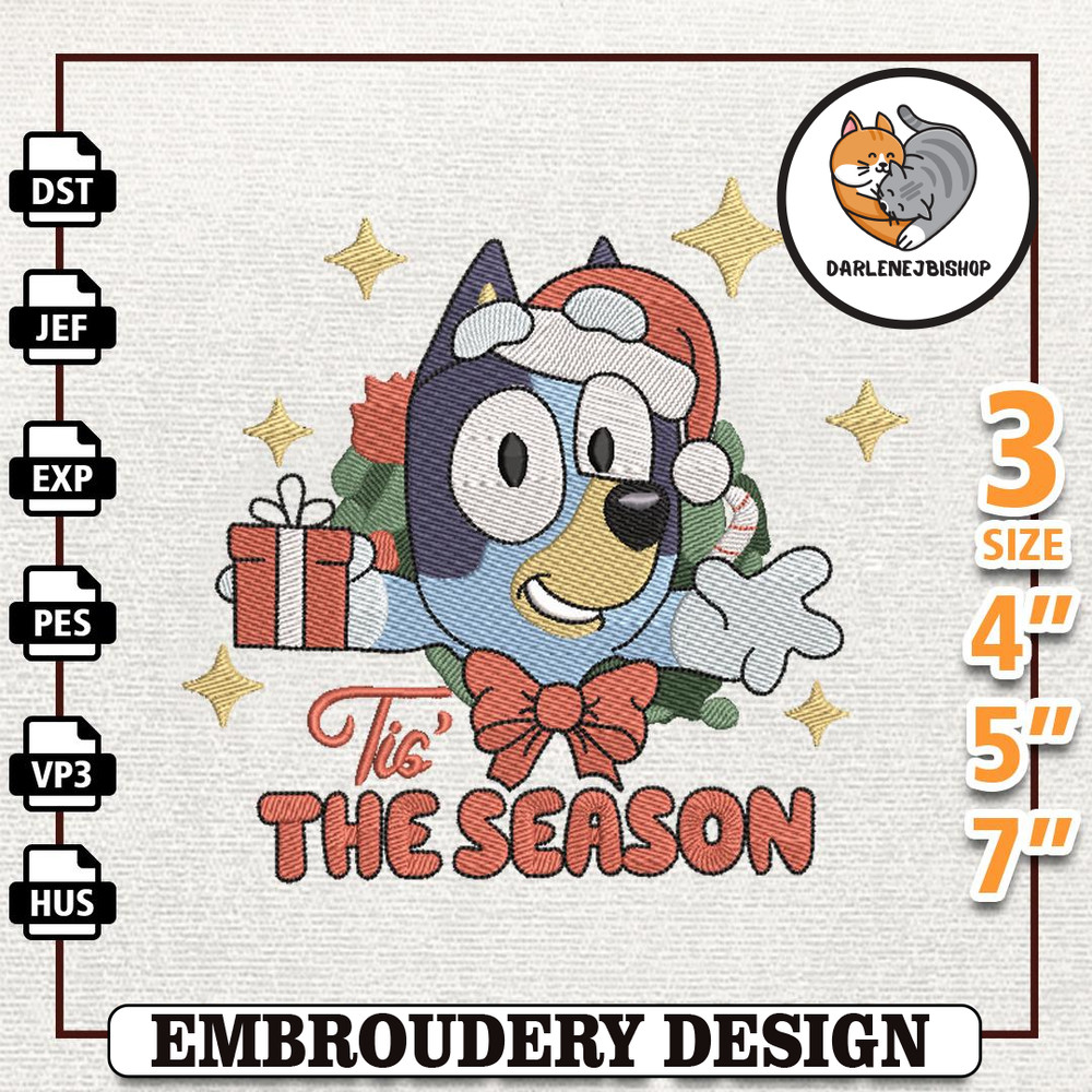 Blue Dog Christmas Embroidery Machine Design, Tis The Season Embroidery Machine Design, Instant Download.jpg