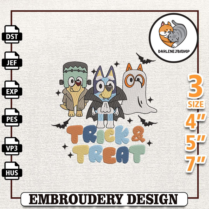 Bluey Dog Trick Or Treat Embroidery Design, Cartoon Blue Dog Embroidery Design, Horror Halloween Embroidery Machine File.jpg