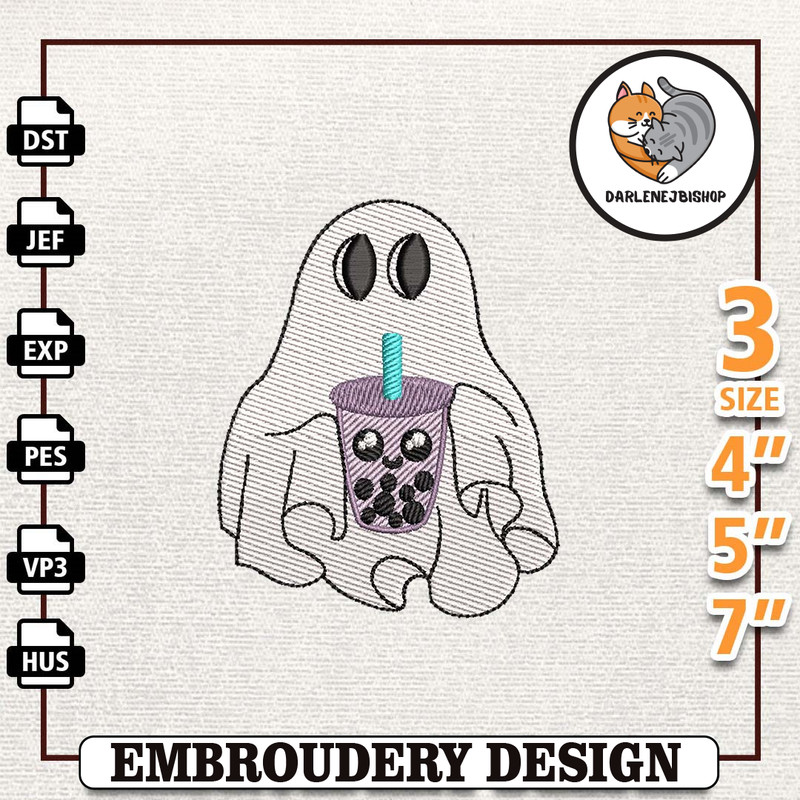 Boba Boo Embroidery Design, Instant Download, Little Ghost With Milk Tea Embroidery Design, Spooky Halloween Embroidery.jpg