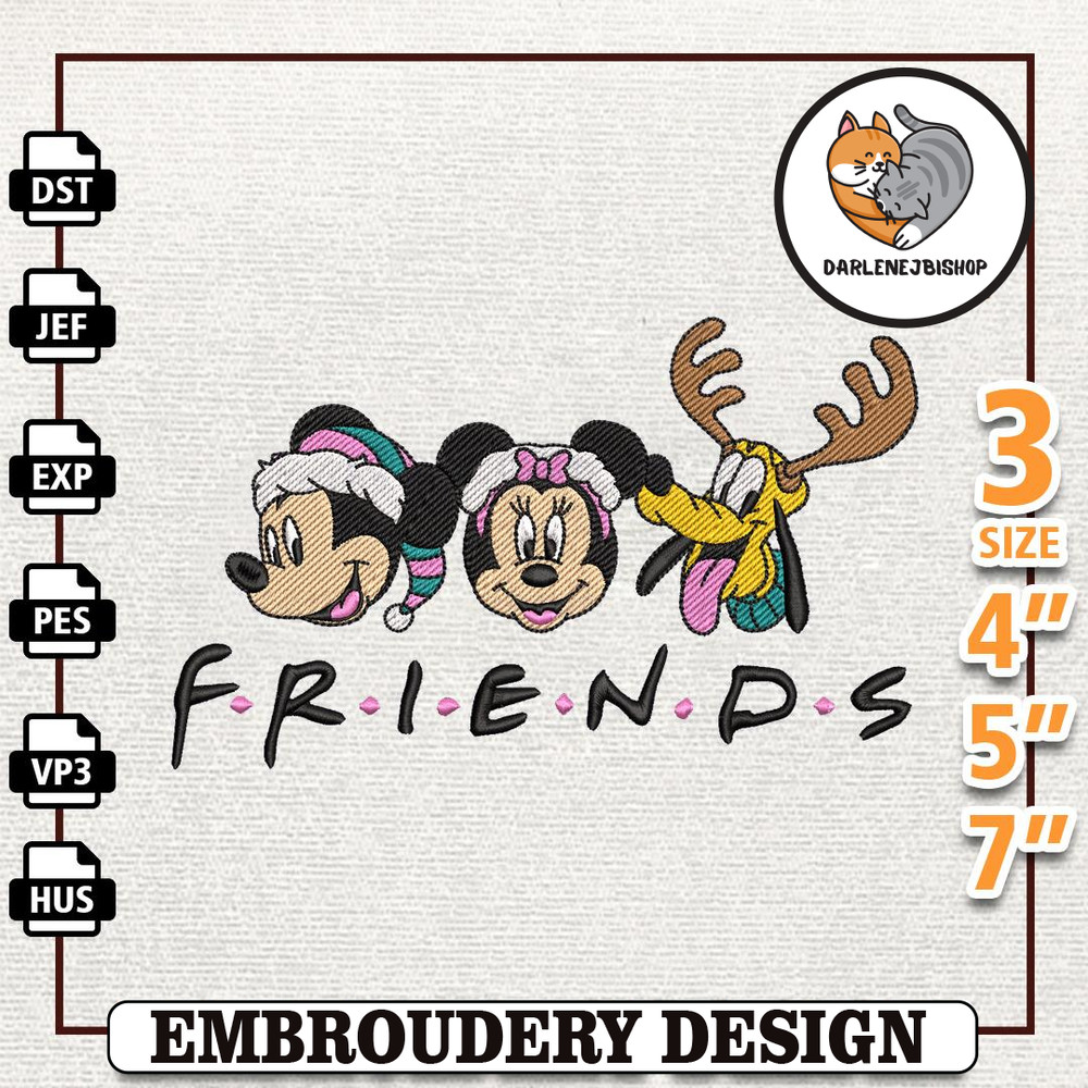 Christmas Cartoon Mouse Embroidery Design, Pink Friends Happy Christmas Embroidery Machine File, Instant Download.jpg