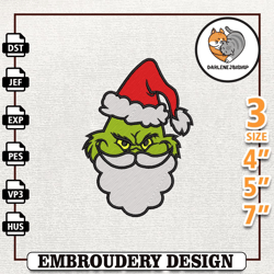 christmas gift, green monster face embroidery design, santa green monster xmas embroidery machine file,embroidery design