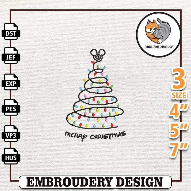 Christmas Mouse Head Embroidery Design, Christmas Light Tree Embroidery Machine Design, Instant Download.jpg