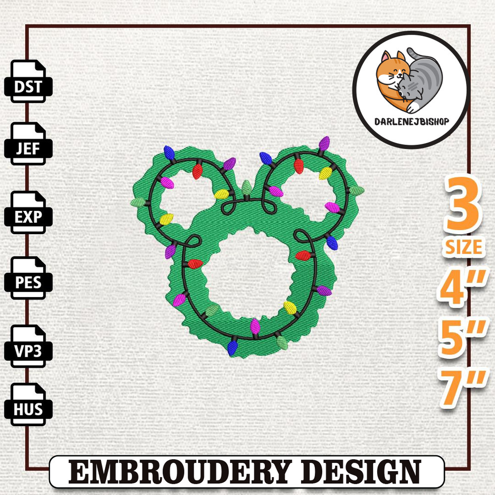 Christmas Wreath Embroidery File, Christmas Cartoon Mouse Head Embroidery Machine Design, Instant Download.jpg