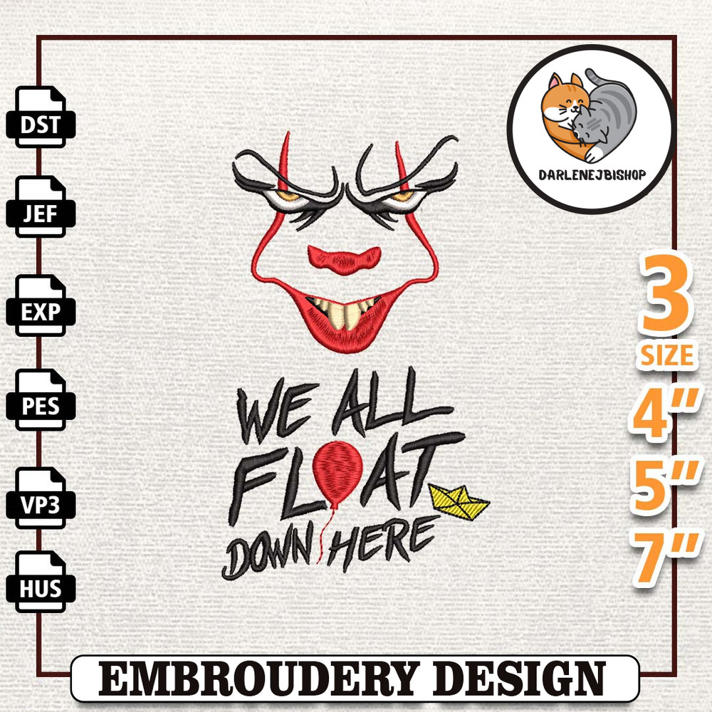 Horror Movie Clown Embroidery Design, We All Float Down Here The Clown Halloween Clown Embroidery Machine Design, Instan.jpg
