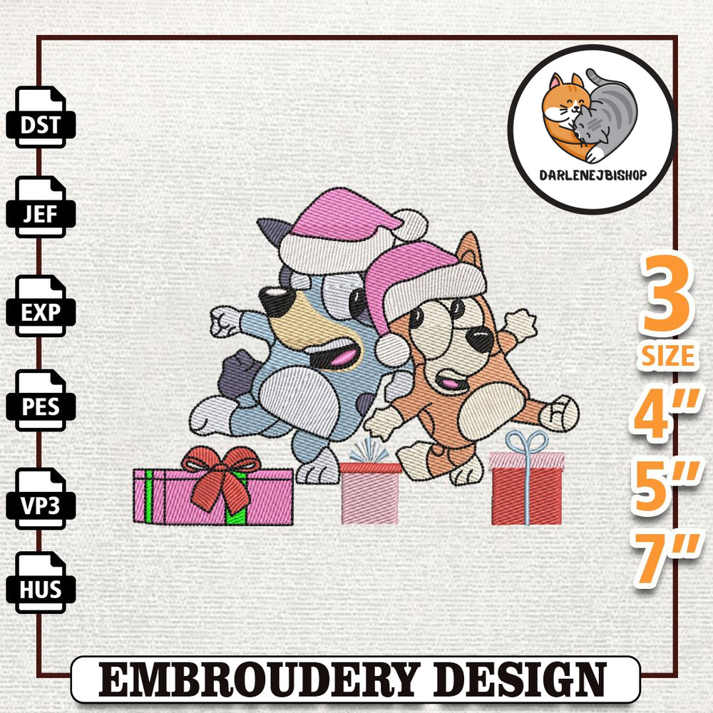 Pink Blue Dog Christmas Embroidery Design, Family Blue Dog Embroidery Design, Instant Download.jpg
