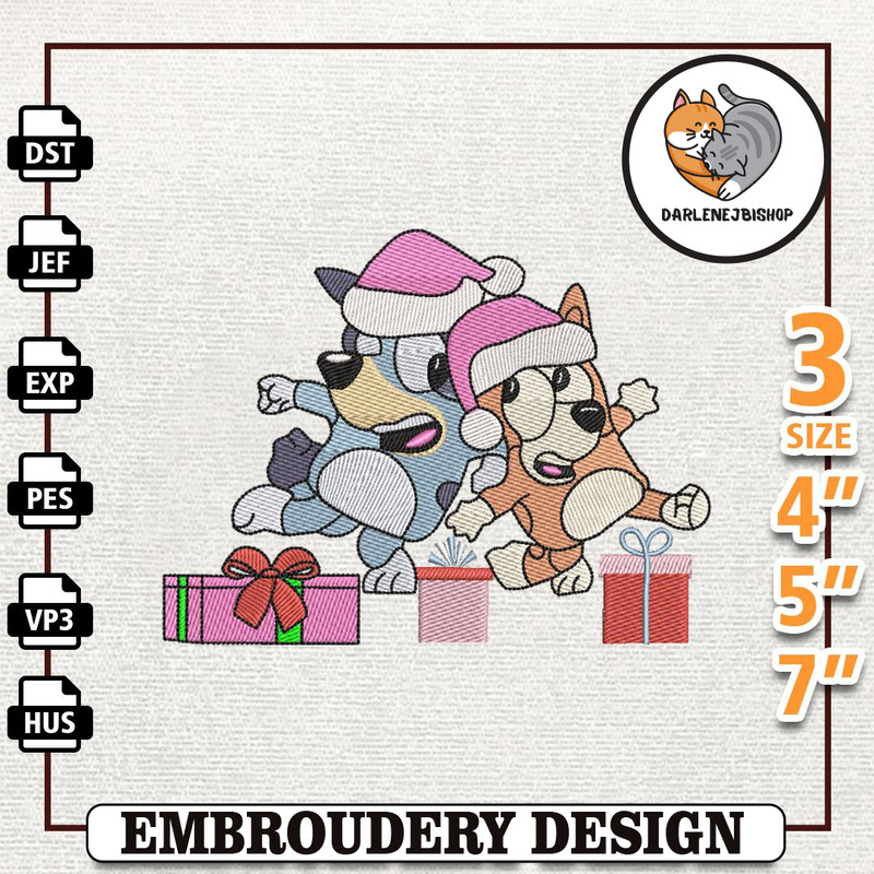 Pink Blue Dog Christmas Embroidery Design, Family Blue Dog Embroidery Design, Instant Download.jpg