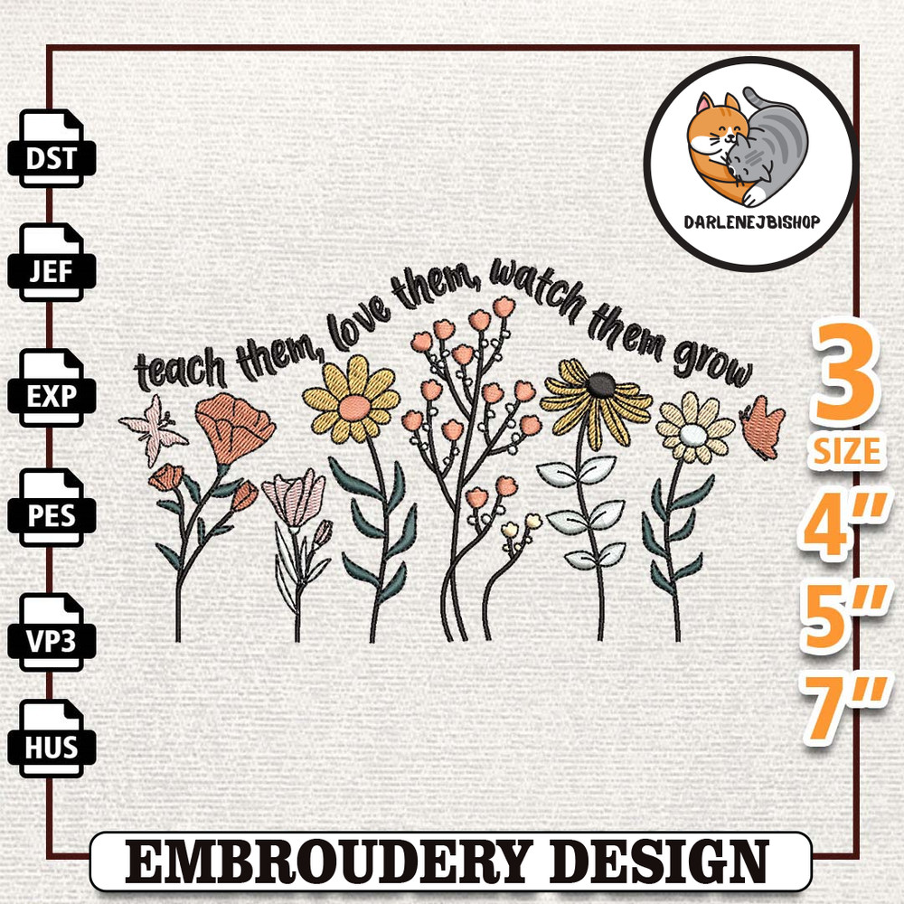 Retro Floral Teacher Quotes Embroidery Designs, Back To School Embroidery Designs, School Life Embroidery, Teacher Day D.jpg