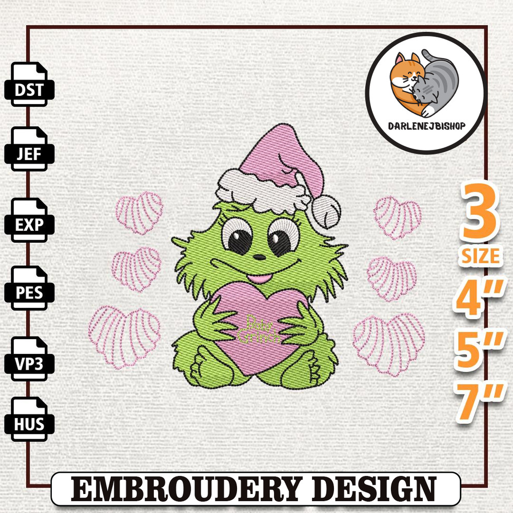 Retro Pink Christmas Embroidery Machine Design, Christmas Baby Green Monster Embroidery Design, Instant Download.jpg