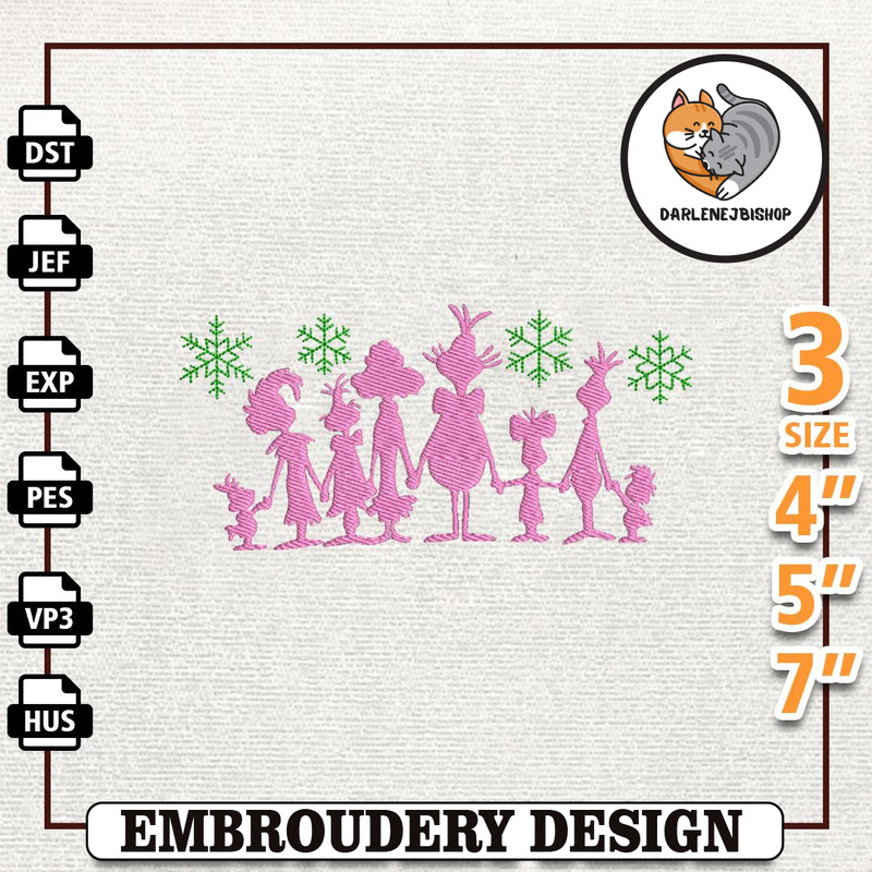 Retro Pink Christmas Greench Embroidery Design, Green Monster And Monster Embroidery File, Instant Download.jpg