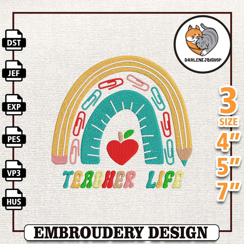 Retro Rainbow Teacher Life Embroidery Design, Back To School Embroidery Design, Best Teacher Embroidery File, School Emb.jpg