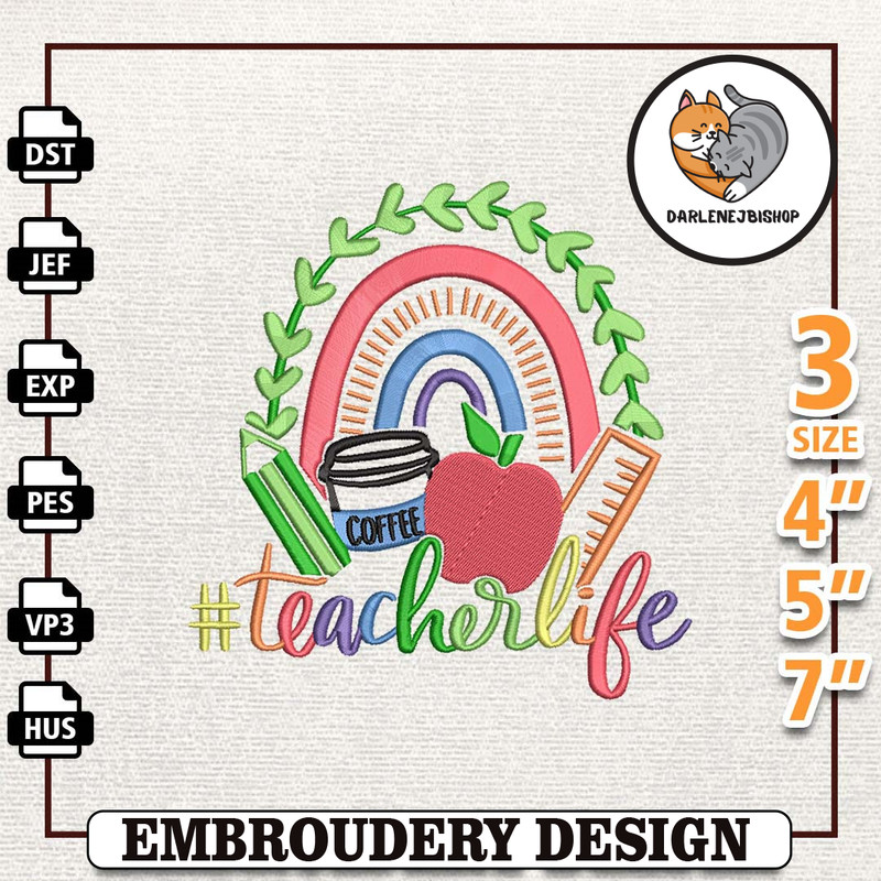 Retro Rainbow Teacher Life Embroidery Design, Back To School Embroidery Design, Best Teacher Embroidery File,School Emb.jpg