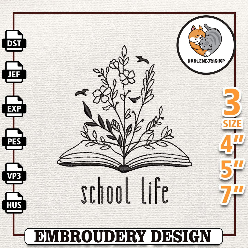 School Life Floral Book Embroidery Designs, Back To School Embroidery Designs, School Life Embroidery, Teacher Day Desi.jpg
