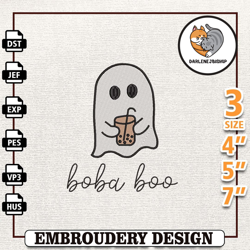 Spooky Halloween Embroidery File, Spooky Coffee Embroidery File, Instant Download, Boba Boo Embroidery Machine Design.jpg