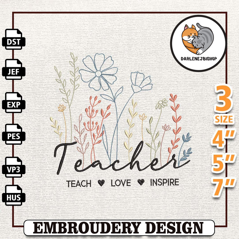 Vintage Wildflower Teacher Embroidery Design, Back To School Embroidery Design, Teacher Life Embroidery Design, Instant.jpg