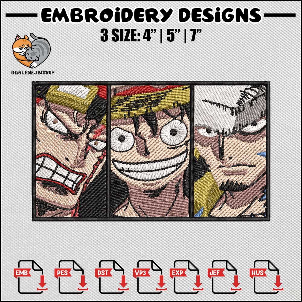 Big 3 embroidery design, One piece embroidery, Embroidery shirt, Embroidery file, Anime design, Digital download.jpg