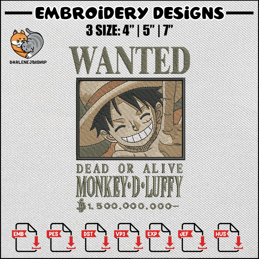 Bounty luffy embroidery design, One piece embroidery, Anime design, Anime embroidery, Embroidery shirt, Digital download.jpg