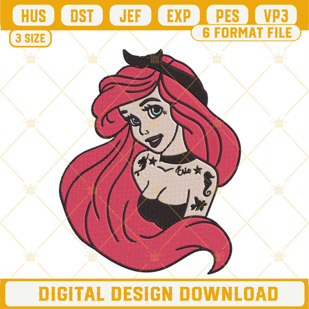 Ariel Tattoo Embroidery Designs, Punk Little Mermaid Embroidery Files.jpg