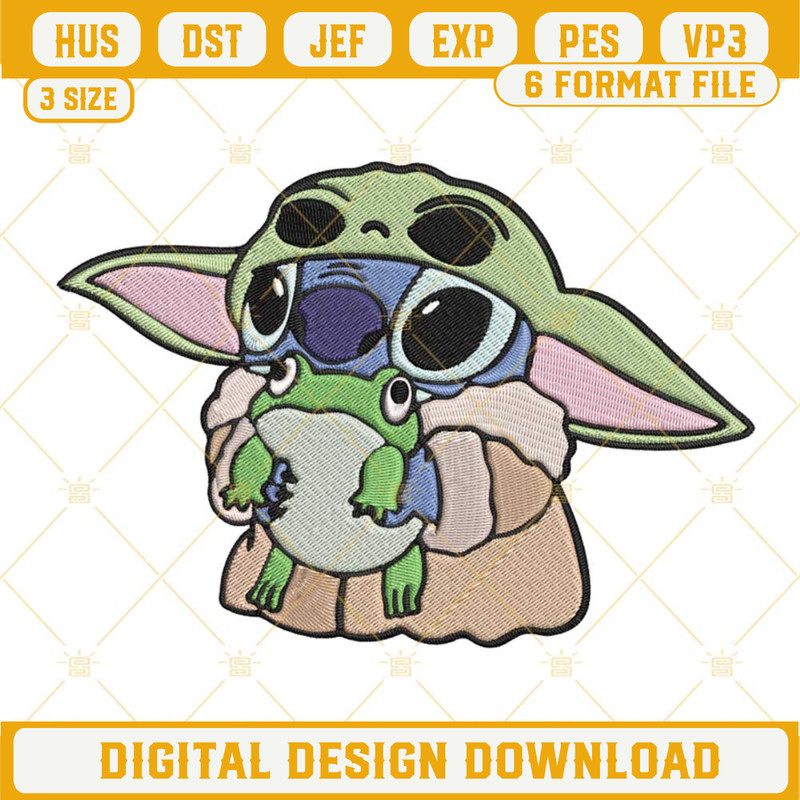 Baby Yoda Stitch Holding Frog Machine Embroidery Design File, Stitch Baby Yoda Embroidery Designs.jpg