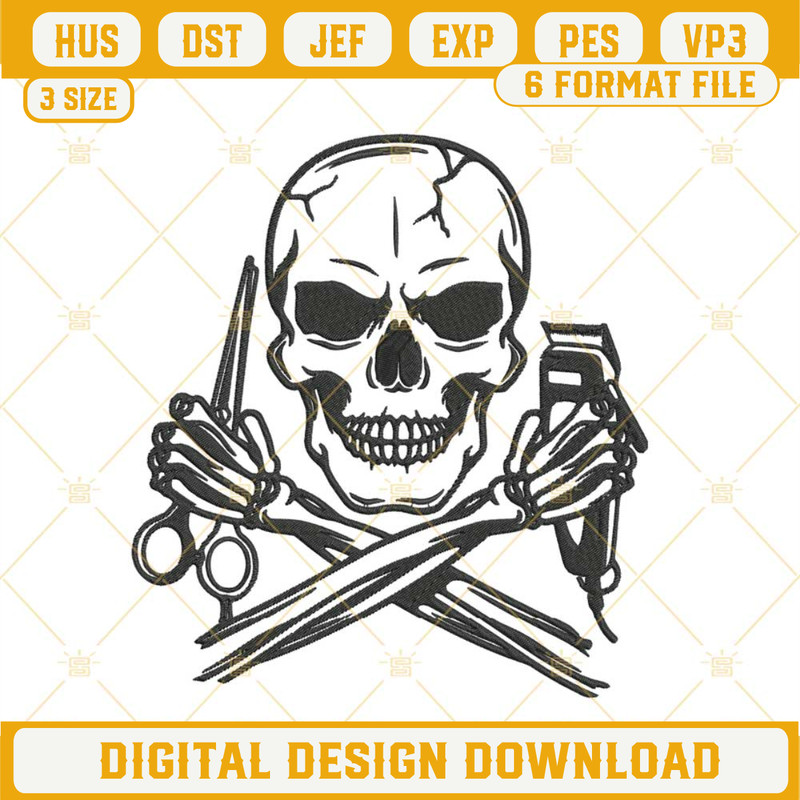 Barber Skull Embroidery Designs, Skull Hair Stylist Hair Hustler Embroidery Design File.jpg