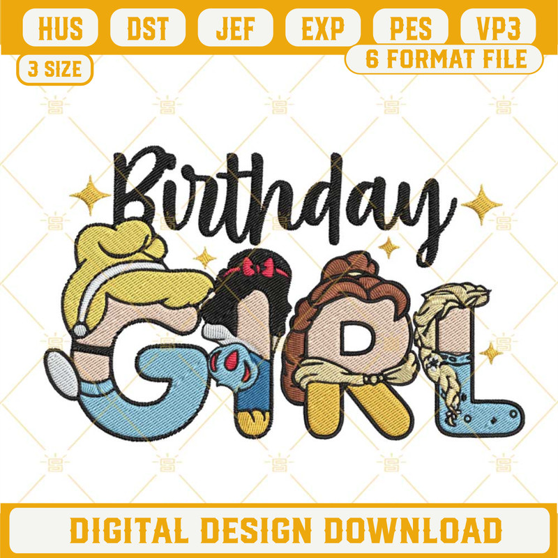 Birthday Girl Princess Embroidery Designs, Disney Birthday Party Embroidery Files.jpg