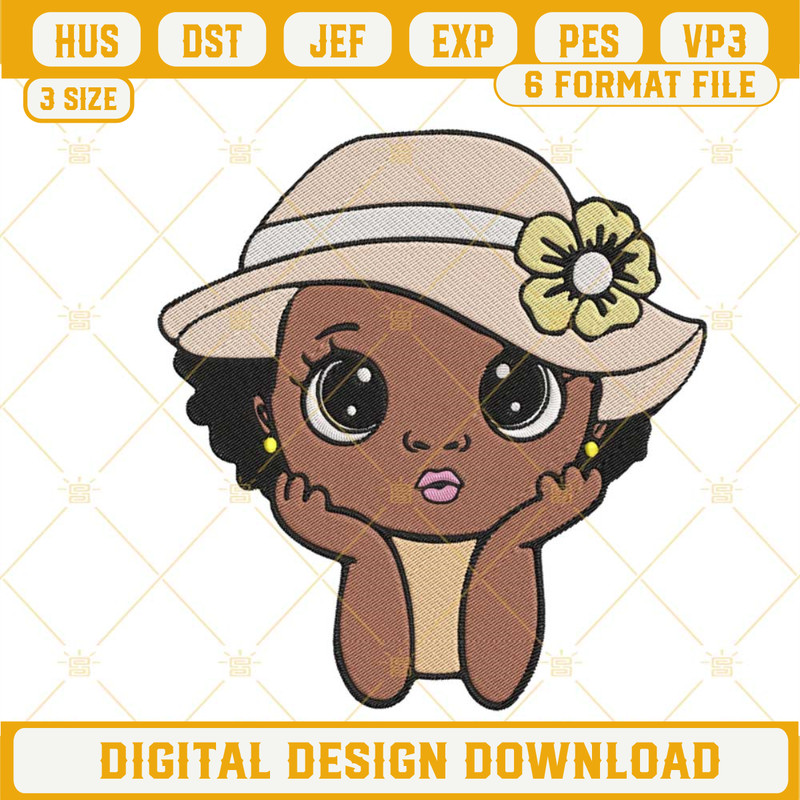 Black Little Girl With Sun Hat Embroidery Designs, Cute African American Girl Embroidery Files.jpg