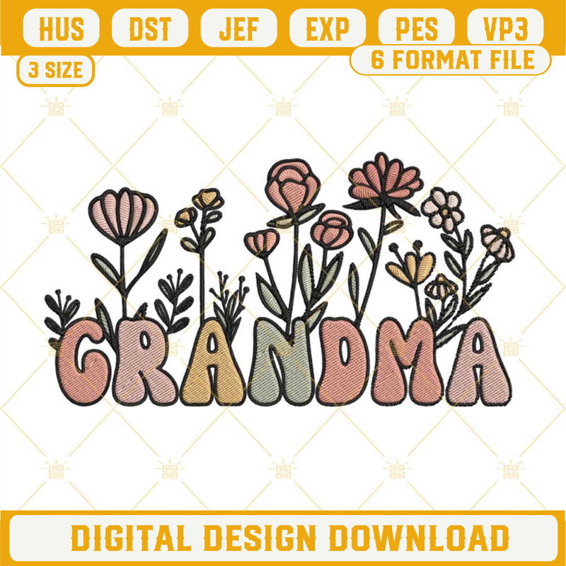 Boho Grandma Flower Embroidery Files, Retro Family Embroidery Designs Download.jpg