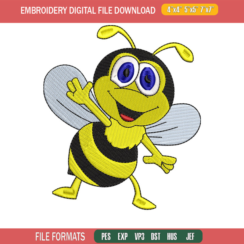Bee cartoon embroidery design, Bee embroidery, Embroidery file, Embroidery shirt, Emb design, Digital download.jpg