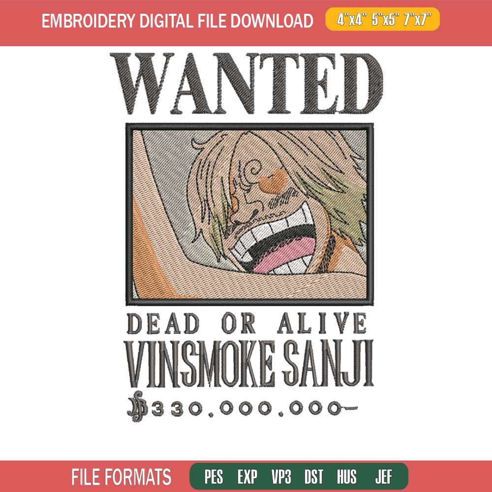 Bounty sanji embroidery design, One piece embroidery, Anime design, Embroidery shirt, Embroidery file,Digital download.z.jpg