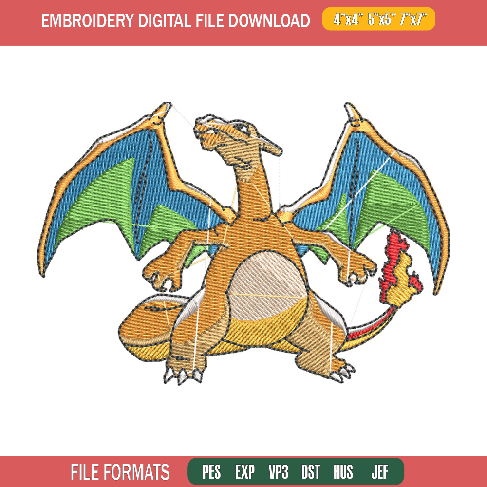 Charizard embroidery design, Pokemon embroidery, Anime design, Embroidery shirt, Embroidery file, Digital download.jpg